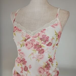 Floral Lace Trim Cami Tank Top - Pink Roses on White